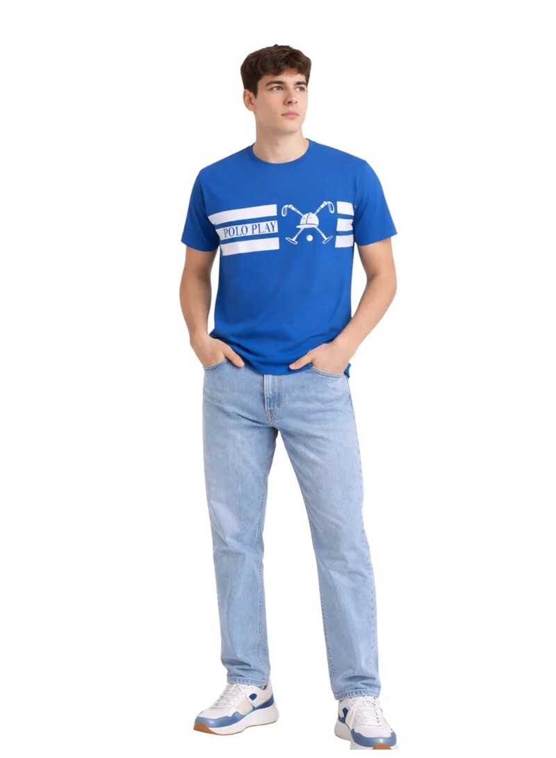 لعب البولو تيشيرت رجالي مطبوع - أزرق